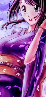 Anime girl in purple kimono with vibrant background.