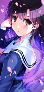 Anime girl with purple hues and petals in wallpaper.