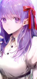 Anime girl with pastel purple hair and red ribbons.