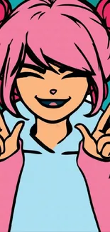 Anime girl with pink hair and turquoise background showing peace signs.