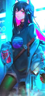 Anime girl in vibrant neon setting with striking blue and pink hues.