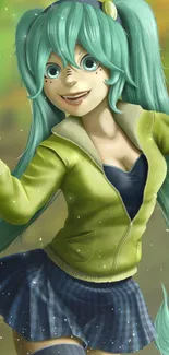 Vibrant anime girl with teal hair in dynamic pose.