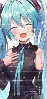 Anime girl with teal hair and a black dress, smiling brightly.