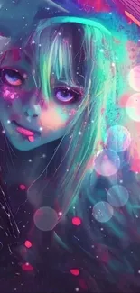 Vibrant anime girl with neon colors in artistic wallpaper design.