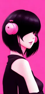 Anime girl with pink headphones on vibrant pink background.