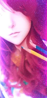 Vibrant anime girl with colorful pencils and pink glow.