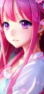 Anime girl with pink hair and purple eyes, featuring a floral headband.