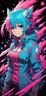 Vibrant anime girl with neon cyan and pink accents.