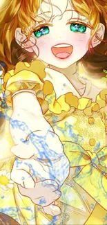 Anime girl with yellow dress and floral background.