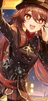 Anime girl with dark brown hair under a snowfall in vibrant design.