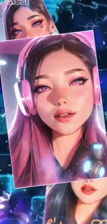 Anime girl with vibrant pink headphones and neon background.