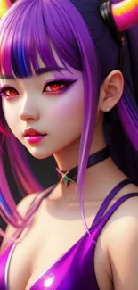 Anime girl with purple hair and horns, vibrant wallpaper.