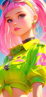 Anime girl with pink hair and vibrant outfit.