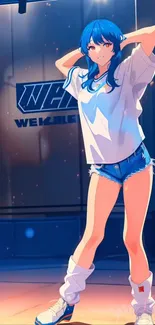 Anime girl in vibrant blue setting with dynamic pose.