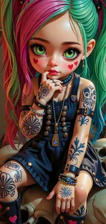 Anime girl with colorful hair and tattoos on a whimsical wallpaper.