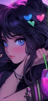 Anime girl with black cat and vibrant colors.