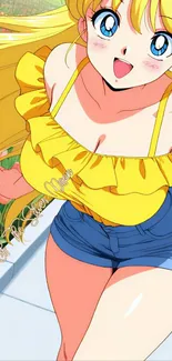 Anime girl with bright yellow top and lively expression.