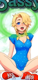 Anime girl with blue dress and vibrant background.