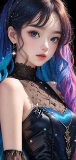 Vibrant anime girl with colorful hair and black dress.