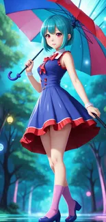 Anime girl with umbrella in mystic forest.