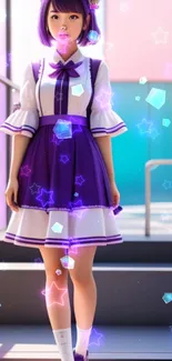 Anime girl in purple dress with stars and crystals on stairs.