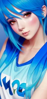 Anime girl with bright blue hair and a colorful background.