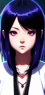 Dark-haired anime girl with vibrant background.