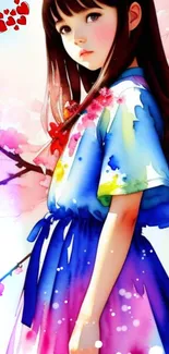 Anime girl with flowers in vibrant watercolor design.