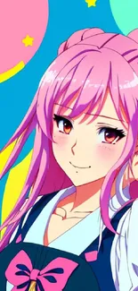 Anime girl with pink hair on vibrant, colorful background.