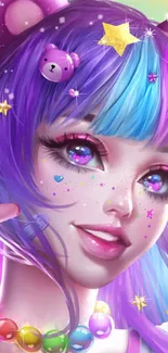 Vibrant anime girl with colorful hair and stars.