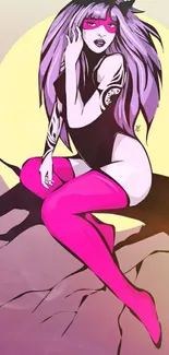 Anime girl with vibrant pink hair and stockings sitting on a branch.