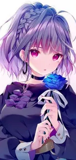 Anime girl with purple hair holding a blue rose, featuring vibrant colors.