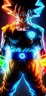 Vibrant neon anime wallpaper featuring Goku with glowing energy.