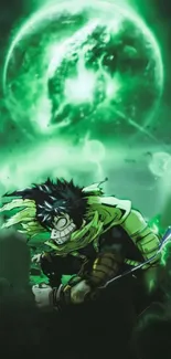 Dynamic anime character with green neon background.