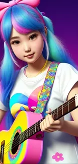 Anime girl with guitar in vibrant colors, perfect for a lively mobile wallpaper.