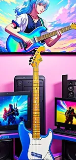 Anime character with guitar on a vibrant digital wallpaper.