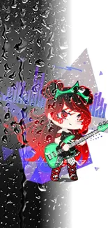 Anime guitarist on black and white gradient background, vibrant colors.