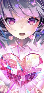 Anime character with vibrant eyes holding a colorful geometric heart.