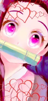 Anime girl with vibrant eyes and heart background.