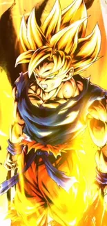 Anime hero in dynamic fiery pose, vibrant colors dominate.