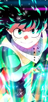 Energetic anime hero with teal hues and dynamic effects.