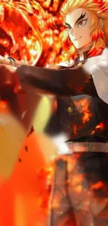 Anime hero surrounded by fiery flames.