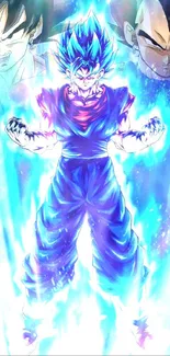 Anime hero standing in electric blue aura, vibrant mobile wallpaper.