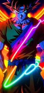 Anime hero with neon lines and vibrant colors.