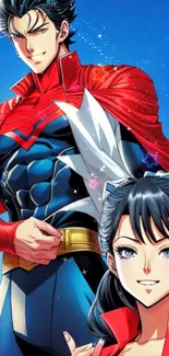 Anime superheroes in red and blue, vibrant wallpaper.