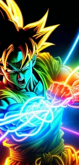 Anime hero with vibrant energy around, blazing with colorful electric streaks.