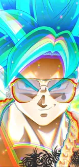 Vibrant anime hero with cyan hair and sunglasses.