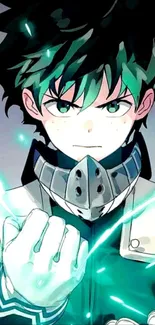 Anime hero with glowing teal energy and intense gaze.