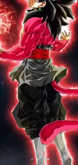 Anime hero with red aura and energy blast on dark background.