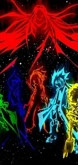 Vibrant anime heroes in red cosmic scene.